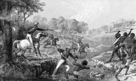 drawing of mounted white soldiers killing Aboriginal men at waterloo creek, 1838
