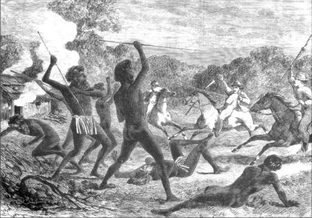 drawing of white farmers attacking Aboriginal people