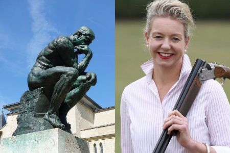statue thinking deeply vs. gun-toting aussie pollie