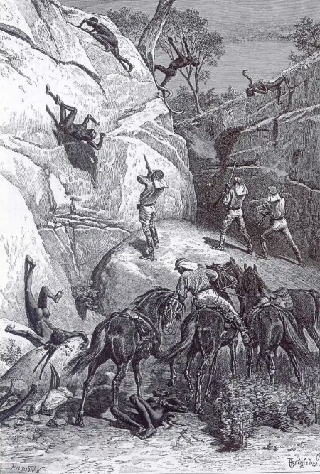 drawing of native police killing Aboriginal men, 1872 https://en.wikipedia.org/wiki/File:Massacre_at_Skull_Hole,_Mistake_Creek,_Australia.png